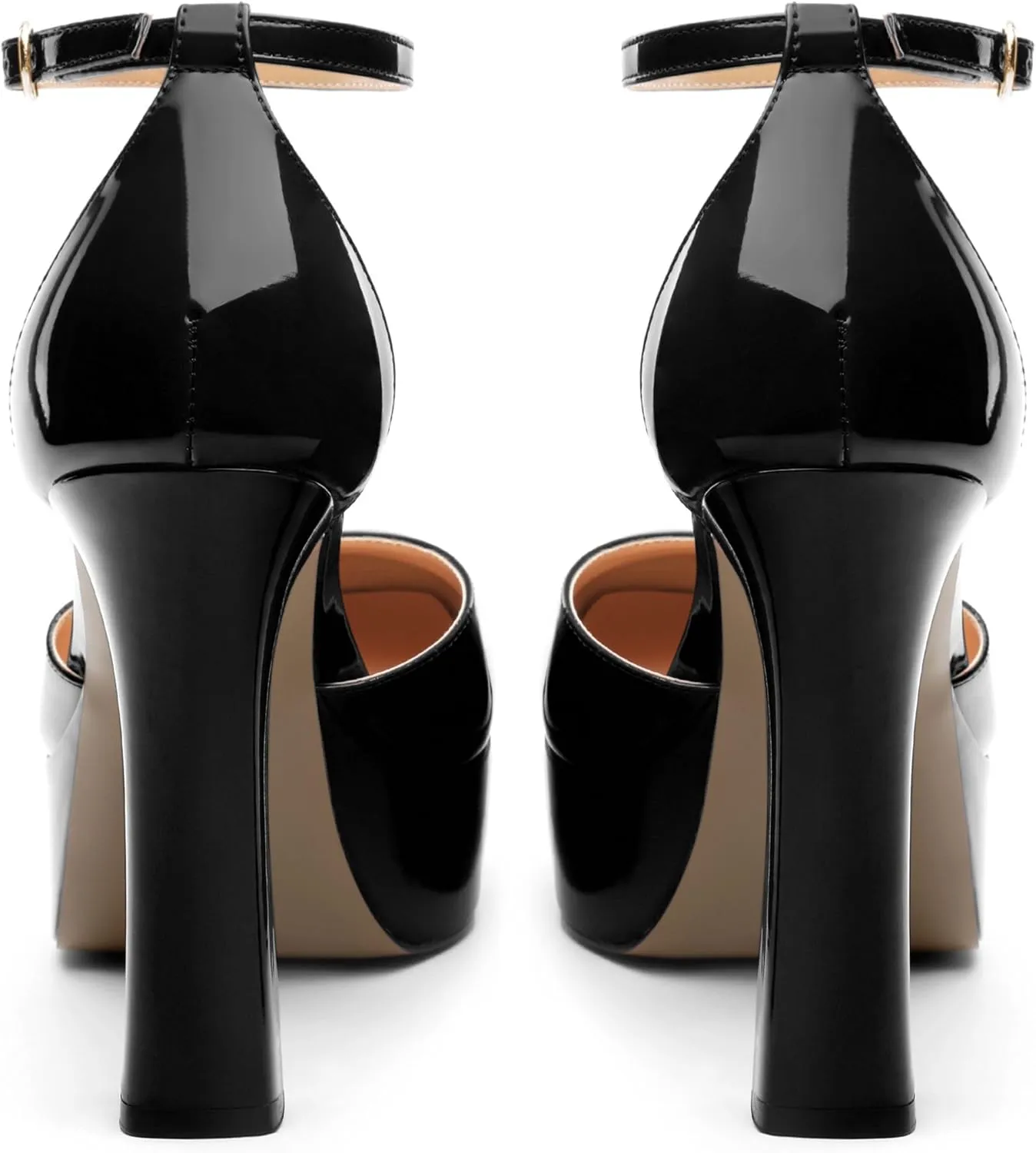Women's Platform Chunky High Heel Pumps Patent Buckle Square Toe Ankle Strap High Heels Dating Wedding Party Dress Shoes 4.7 Inch