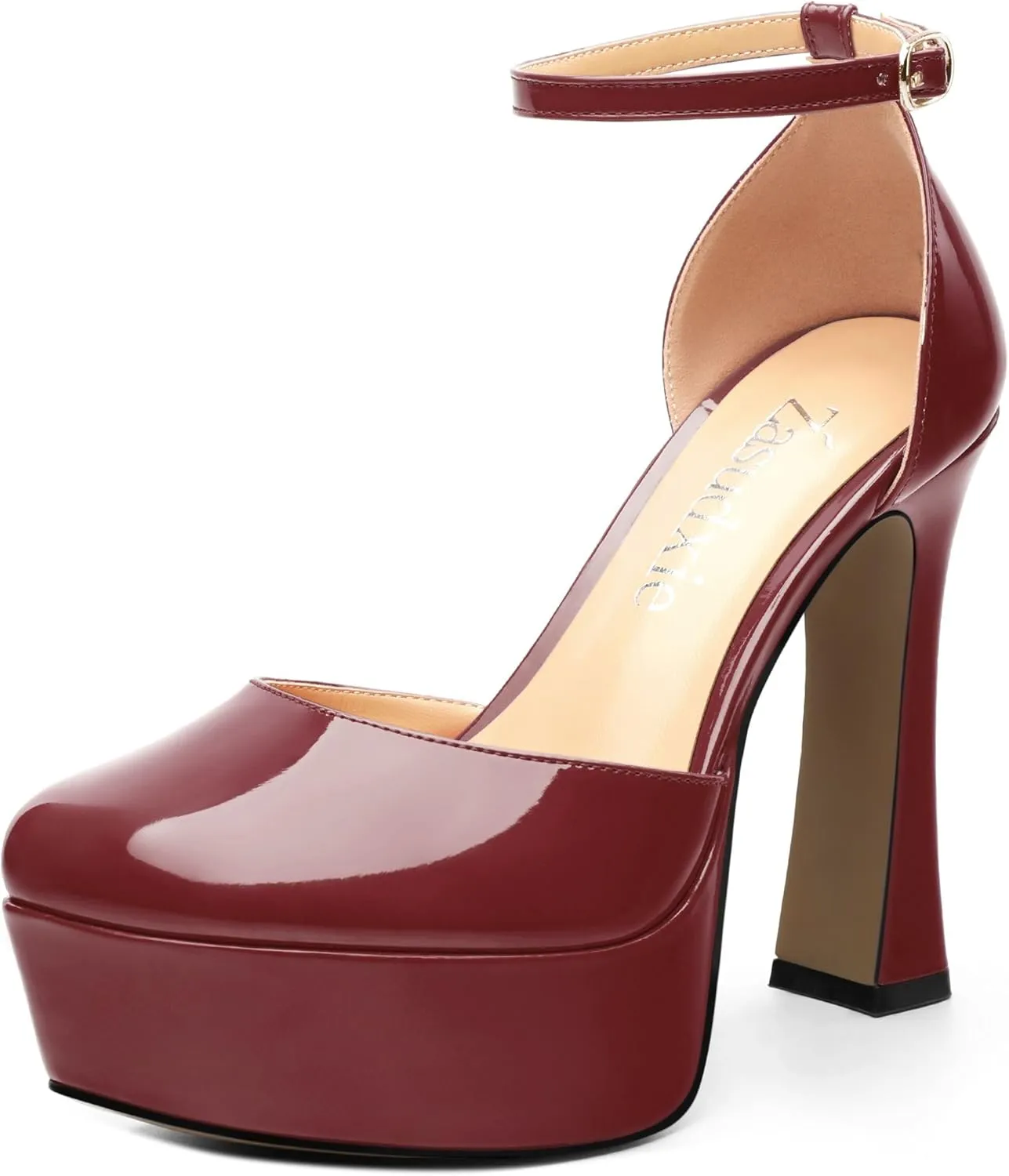 Women's Platform Chunky High Heel Pumps Patent Buckle Square Toe Ankle Strap High Heels Dating Wedding Party Dress Shoes 4.7 Inch