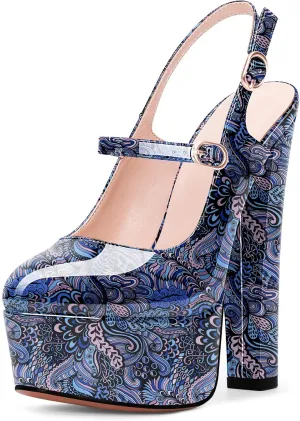 Women's Platform Sexy Chunky High Heel Slingbacks Pumps Round Toe Ankle Strap Party Dress Shoes