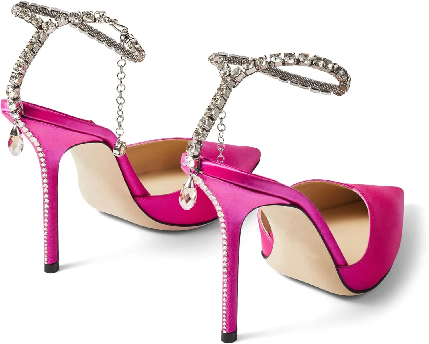 Women’s Pointed Toe Heels Sparkling Crystal Ankle Strap Heeled Sandals Wedding Stiletto Heel Satin Dressy Party Shoes