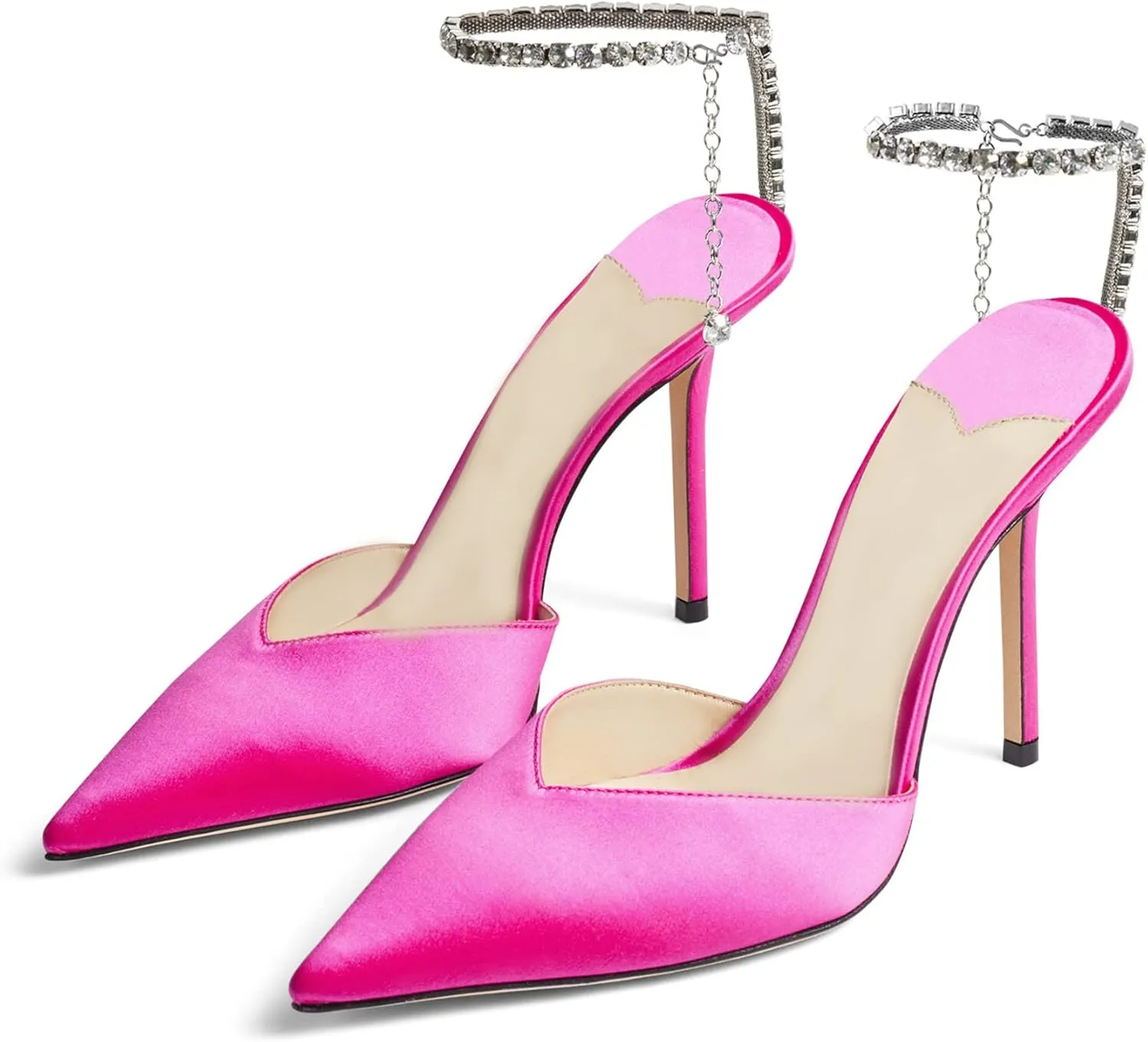 Women’s Pointed Toe Heels Sparkling Crystal Ankle Strap Heeled Sandals Wedding Stiletto Heel Satin Dressy Party Shoes