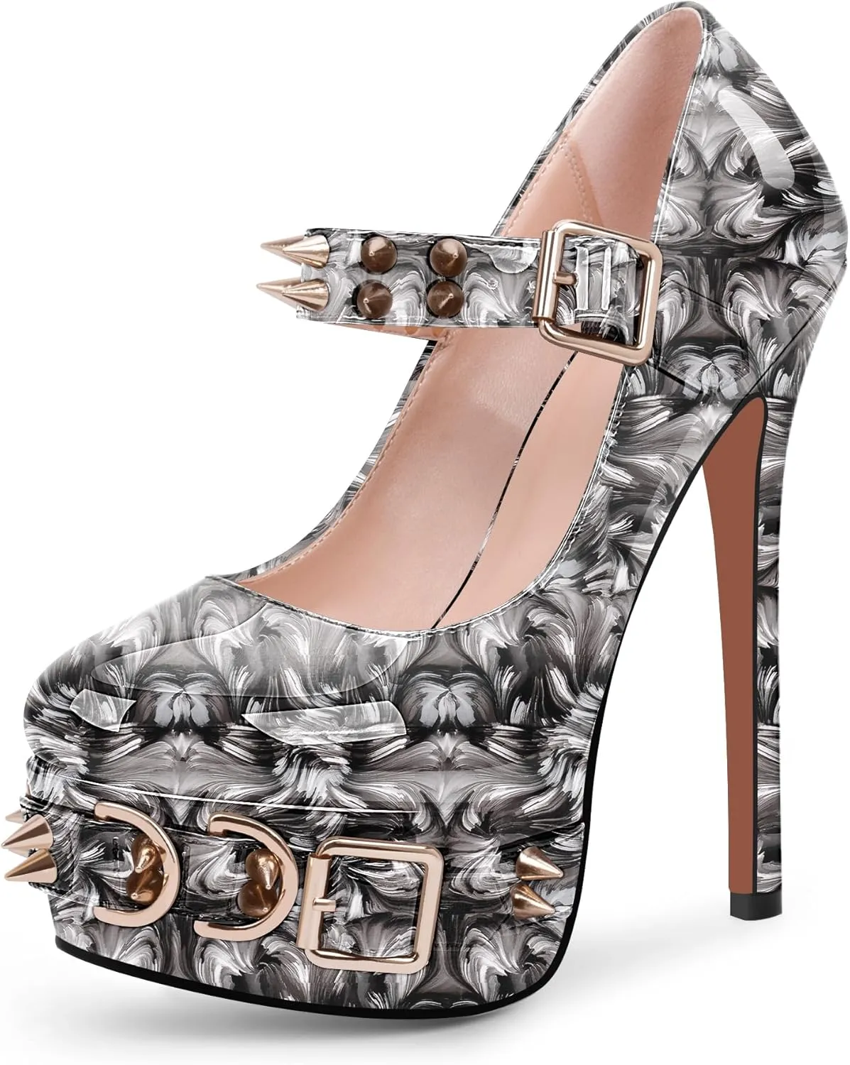 Women's Rivet Goth High Stiletto Heel Plafrom Mary Janes Pumps Rivet Buckle Strap Punk Shoes