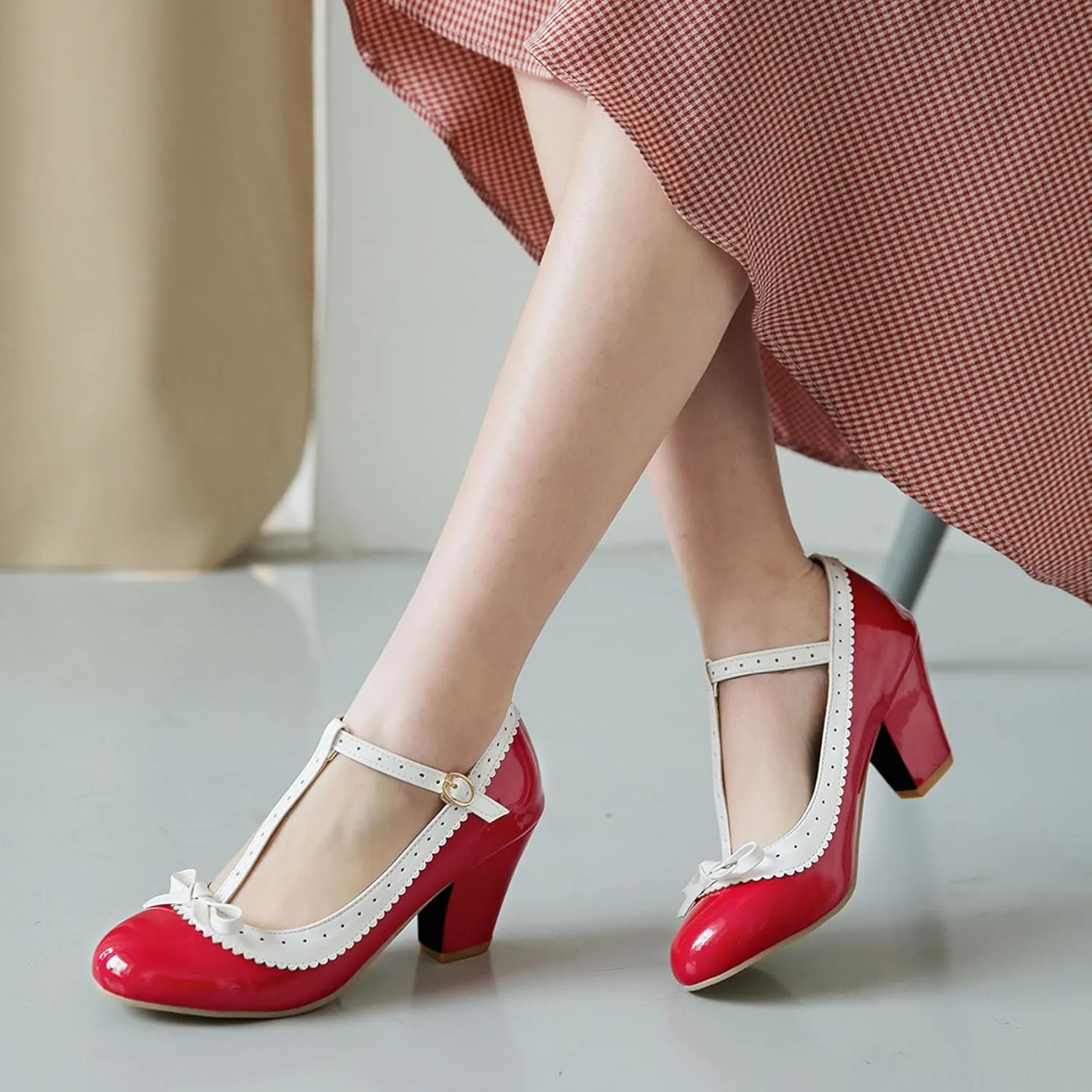 Womens Rockabilly Shoes T-Strap Mary Jane Block High Heel Closed Toe Pumps