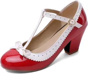 Womens Rockabilly Shoes T-Strap Mary Jane Block High Heel Closed Toe Pumps
