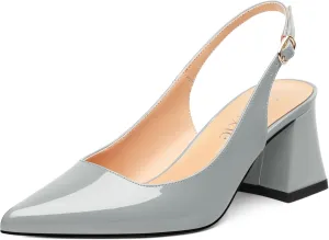 Women's Slingback Mid Block Heel Pumps Patent Pointed Toe Chunky Heels Adjustable Strap Comfort Wedding Dress Pumps Shoes 2.5 Inch