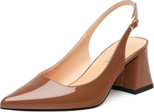 Women's Slingback Mid Block Heel Pumps Patent Pointed Toe Chunky Heels Adjustable Strap Comfort Wedding Dress Pumps Shoes 2.5 Inch