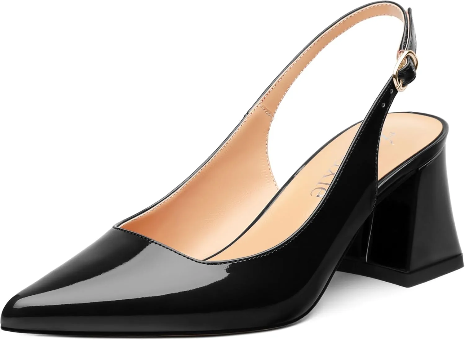 Women's Slingback Mid Block Heel Pumps Patent Pointed Toe Chunky Heels Adjustable Strap Comfort Wedding Dress Pumps Shoes 2.5 Inch
