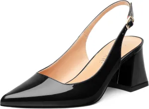 Women's Slingback Mid Block Heel Pumps Patent Pointed Toe Chunky Heels Adjustable Strap Comfort Wedding Dress Pumps Shoes 2.5 Inch
