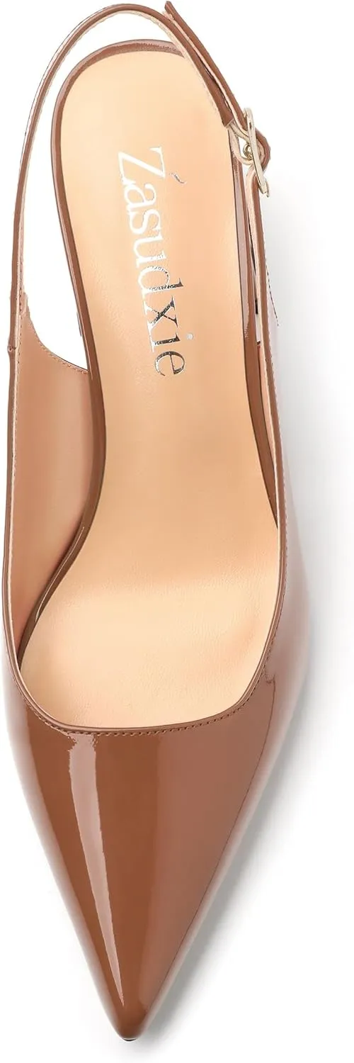 Women's Slingback Mid Block Heel Pumps Patent Pointed Toe Chunky Heels Adjustable Strap Comfort Wedding Dress Pumps Shoes 2.5 Inch