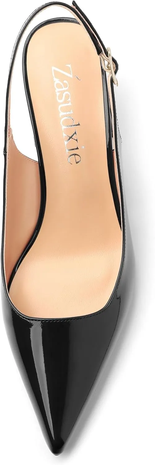 Women's Slingback Mid Block Heel Pumps Patent Pointed Toe Chunky Heels Adjustable Strap Comfort Wedding Dress Pumps Shoes 2.5 Inch