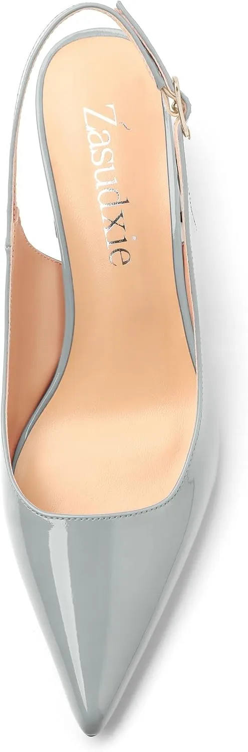 Women's Slingback Mid Block Heel Pumps Patent Pointed Toe Chunky Heels Adjustable Strap Comfort Wedding Dress Pumps Shoes 2.5 Inch