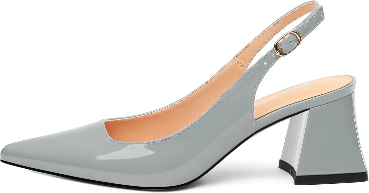 Women's Slingback Mid Block Heel Pumps Patent Pointed Toe Chunky Heels Adjustable Strap Comfort Wedding Dress Pumps Shoes 2.5 Inch