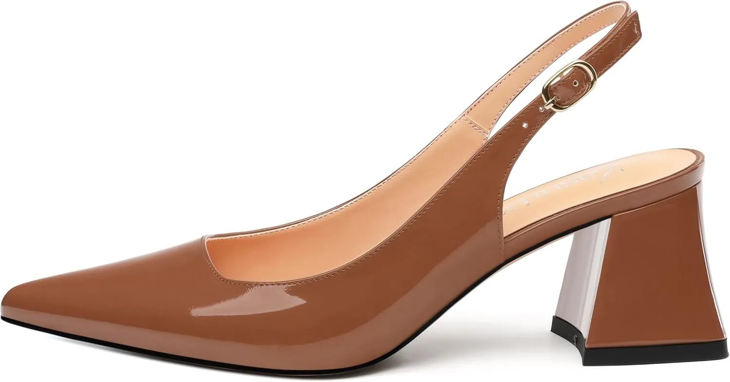 Women's Slingback Mid Block Heel Pumps Patent Pointed Toe Chunky Heels Adjustable Strap Comfort Wedding Dress Pumps Shoes 2.5 Inch