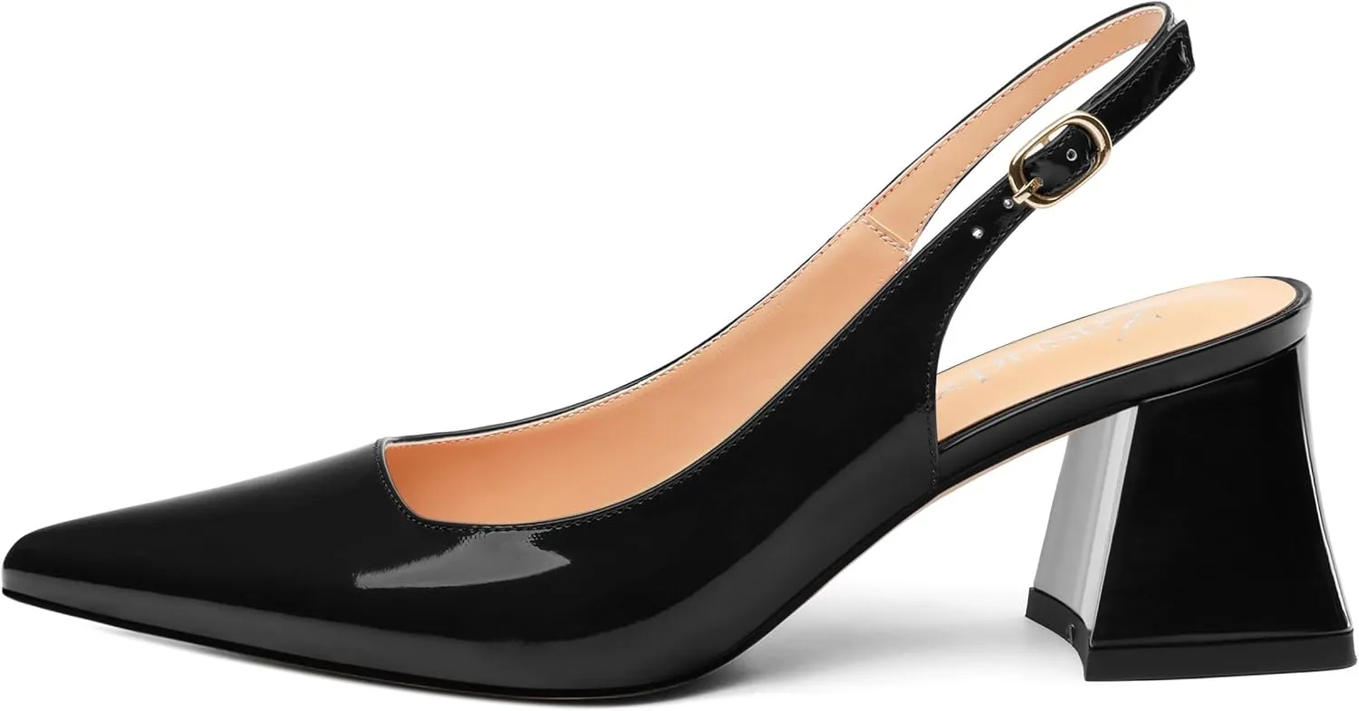 Women's Slingback Mid Block Heel Pumps Patent Pointed Toe Chunky Heels Adjustable Strap Comfort Wedding Dress Pumps Shoes 2.5 Inch