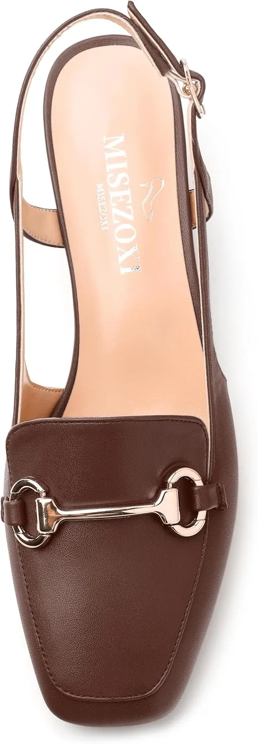 Womens Slingback Pumps, Square Toe Mid Block Heel Slingbacks for Women, Chunky Heel Pumps with Metal Buckle 2"