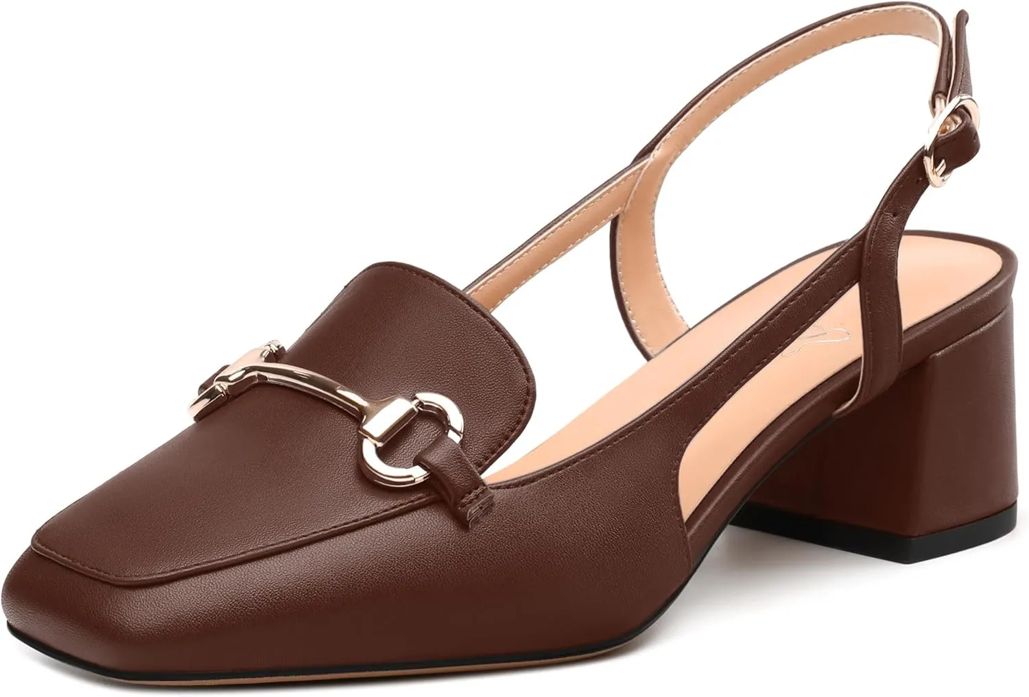 Womens Slingback Pumps, Square Toe Mid Block Heel Slingbacks for Women, Chunky Heel Pumps with Metal Buckle 2"