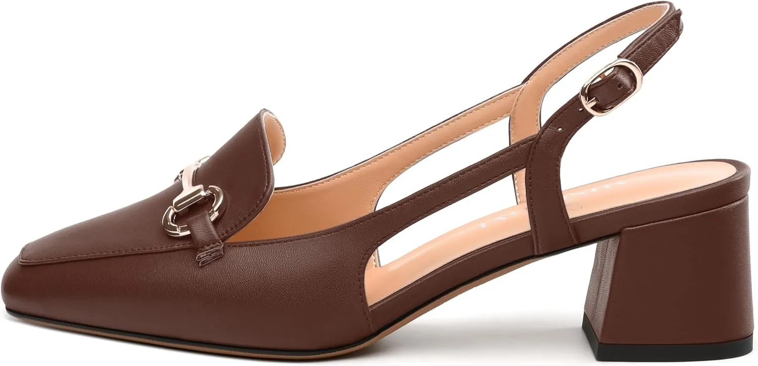 Womens Slingback Pumps, Square Toe Mid Block Heel Slingbacks for Women, Chunky Heel Pumps with Metal Buckle 2"