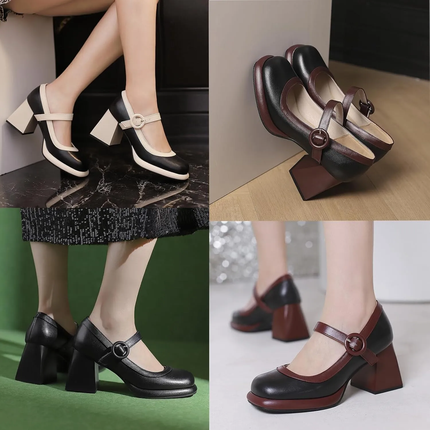 Women's Square Toe Chunky Heel Mary Jane Shoes with Adjustable Ankle Strap,Retro Leather Platform Block High Heels Pumps Shoes for Office Party Casual Wedding