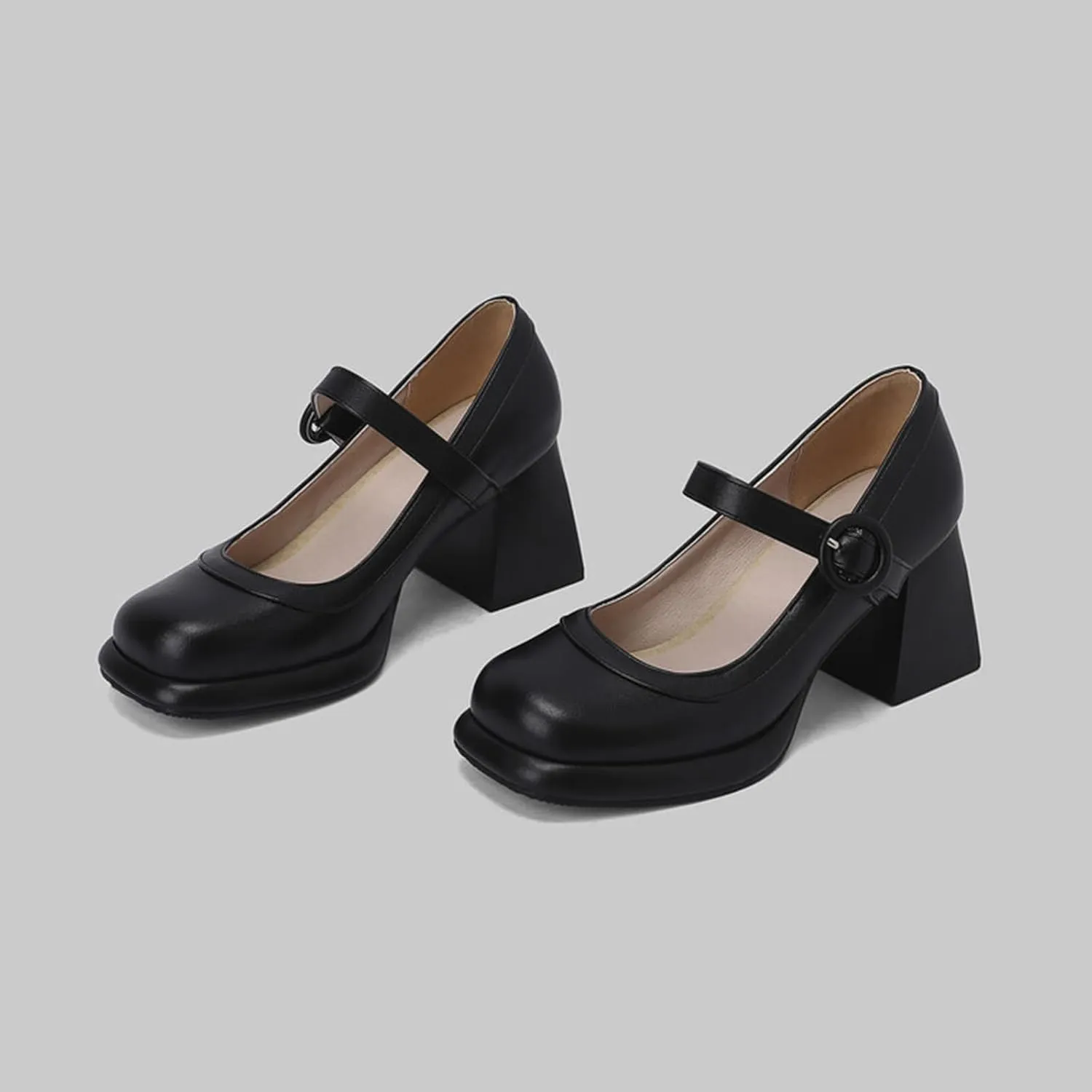 Women's Square Toe Chunky Heel Mary Jane Shoes with Adjustable Ankle Strap,Retro Leather Platform Block High Heels Pumps Shoes for Office Party Casual Wedding