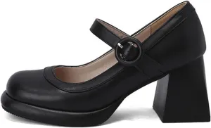 Women's Square Toe Chunky Heel Mary Jane Shoes with Adjustable Ankle Strap,Retro Leather Platform Block High Heels Pumps Shoes for Office Party Casual Wedding