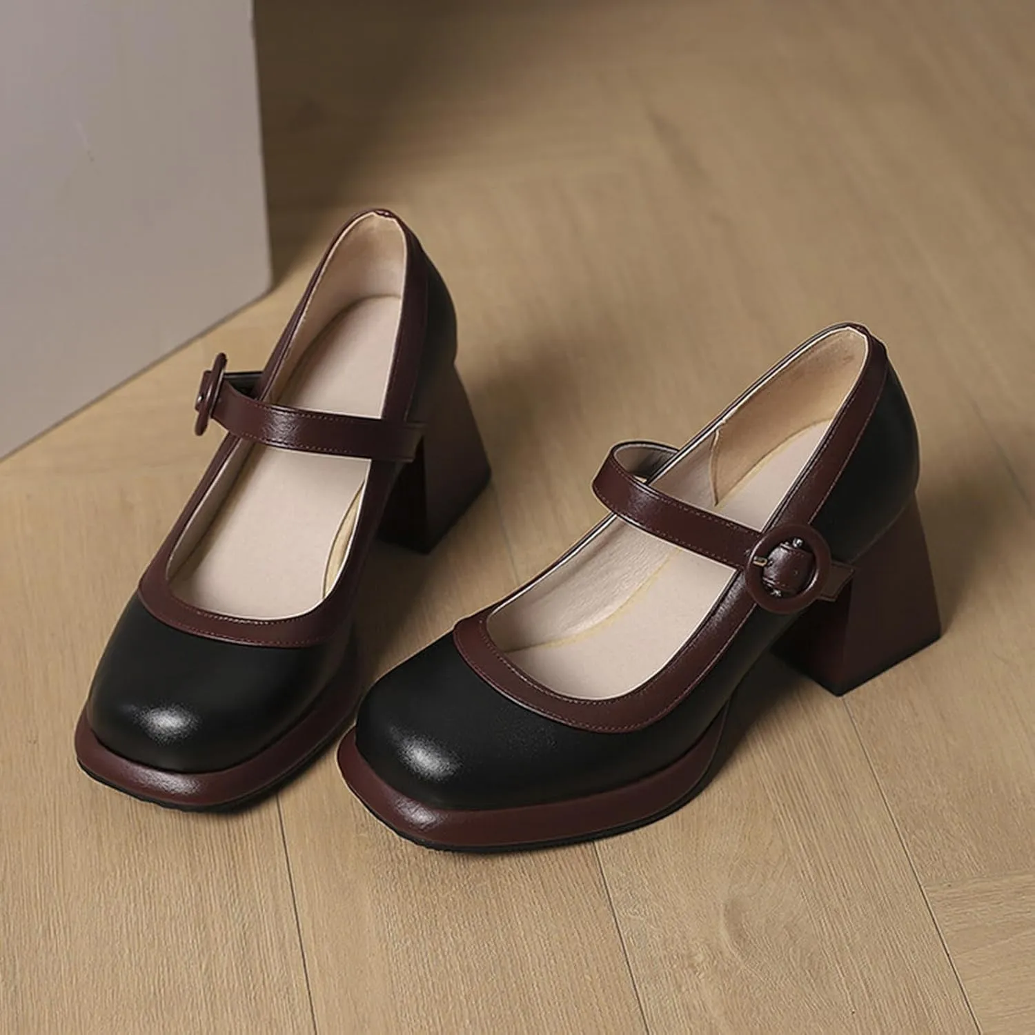 Women's Square Toe Chunky Heel Mary Jane Shoes with Adjustable Ankle Strap,Retro Leather Platform Block High Heels Pumps Shoes for Office Party Casual Wedding