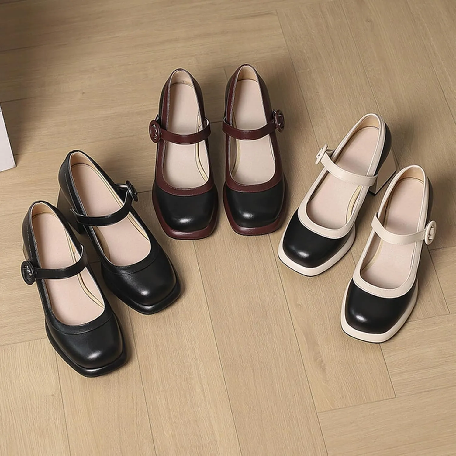 Women's Square Toe Chunky Heel Mary Jane Shoes with Adjustable Ankle Strap,Retro Leather Platform Block High Heels Pumps Shoes for Office Party Casual Wedding