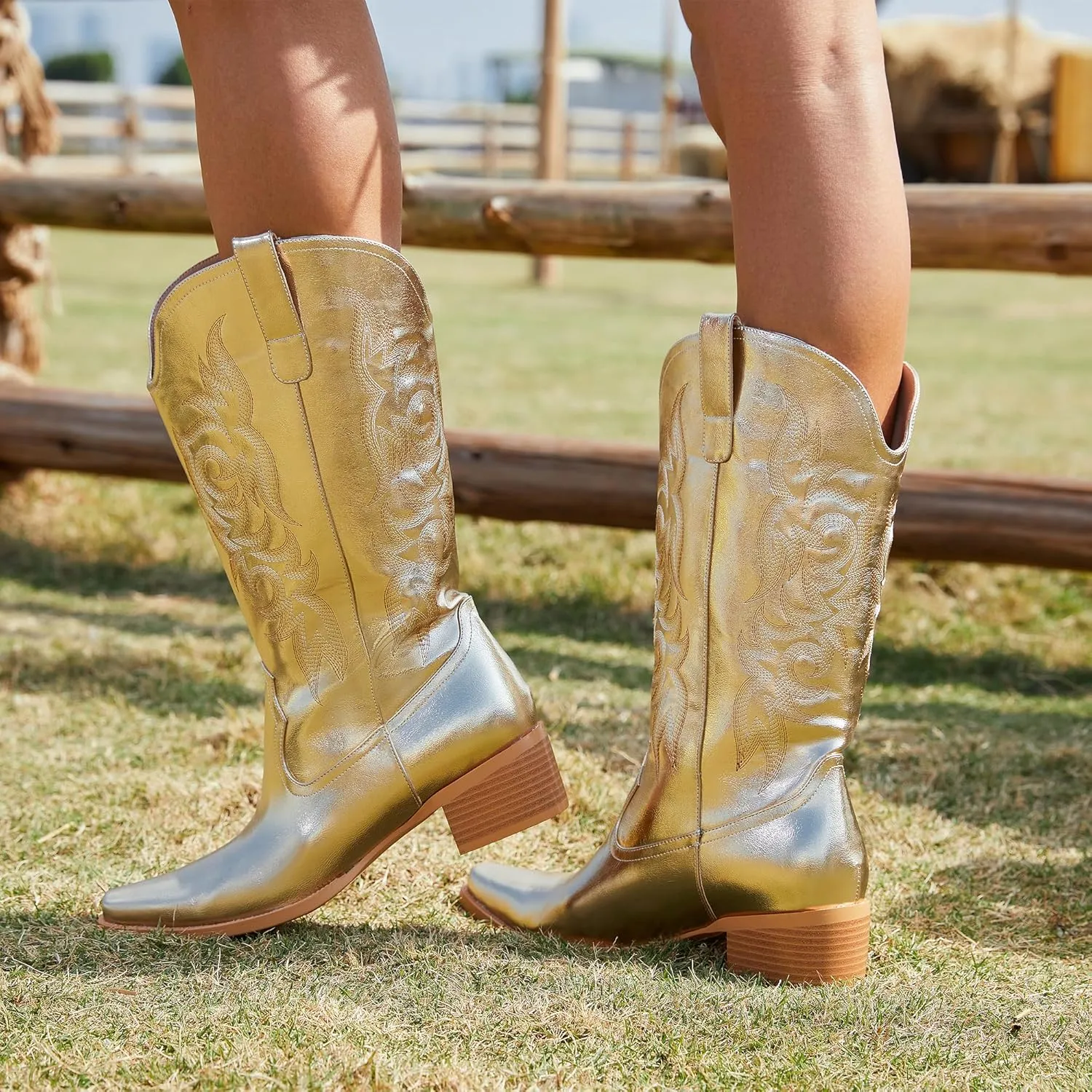 Women's Square Toe Cowboy Cowgirl Boots Embroidered Mid Calf Chunky Heel Western Boots