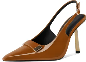 Women's Square Toe Slingback Pumps Stilettos High Heel Metal Buckle Shoes Evening 4 Inch Dress Shoes