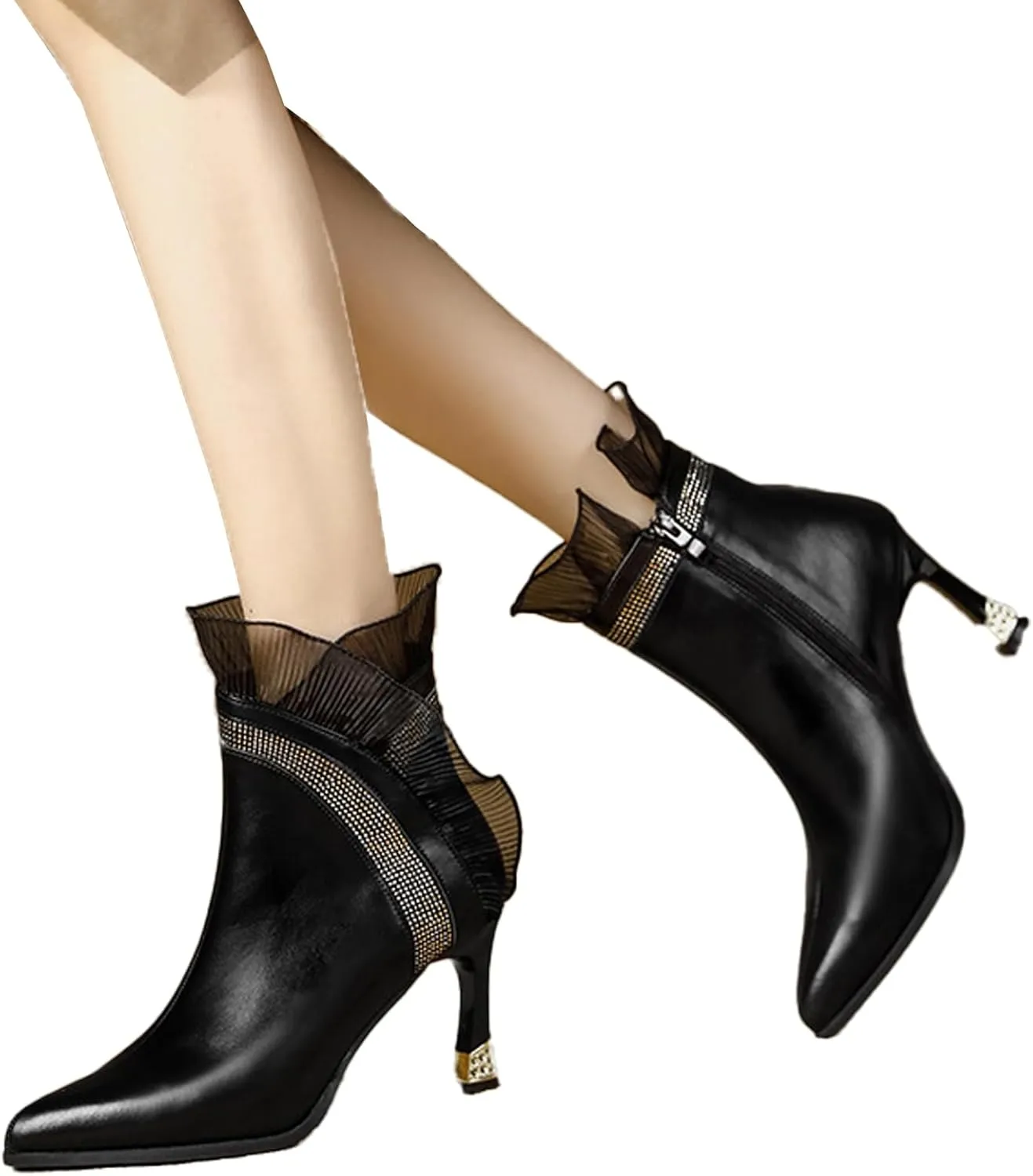 Women'S Suede Lace Splicing Stiletto Heel Ankle Boots Fashion Pointed Rhinestone Side Zipper Slip-On Heel Booties For Party Dance Dress Boots