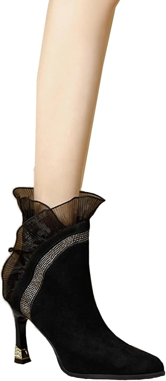 Women'S Suede Lace Splicing Stiletto Heel Ankle Boots Fashion Pointed Rhinestone Side Zipper Slip-On Heel Booties For Party Dance Dress Boots