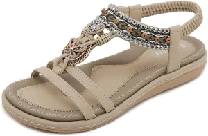 Women's Summer Bohemian Wedge Sandals Comfortable Lightweight Fashion Rhinestones T-Strap Open Toe Elastic Ankle Strap Slip-On Casual Beach Sandals