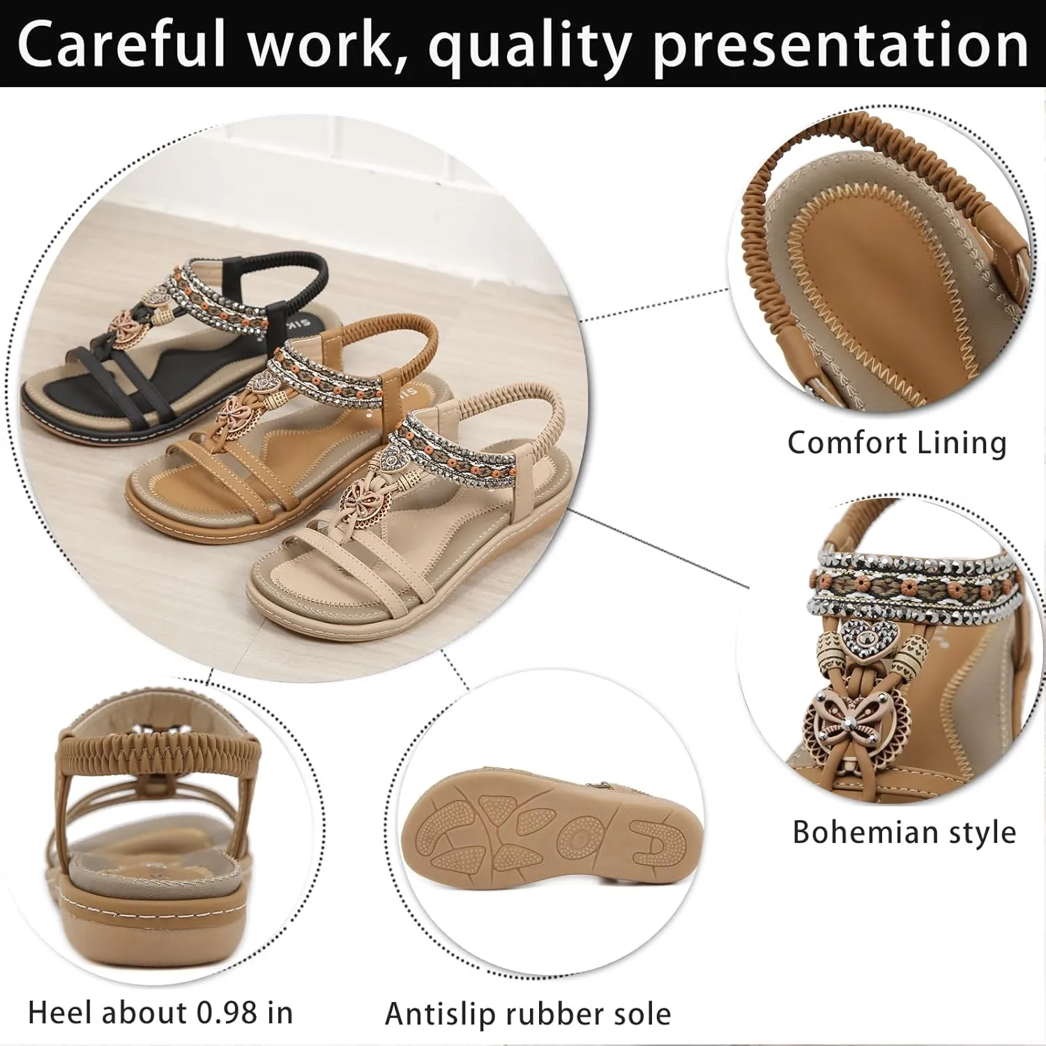 Women's Summer Bohemian Wedge Sandals Comfortable Lightweight Fashion Rhinestones T-Strap Open Toe Elastic Ankle Strap Slip-On Casual Beach Sandals