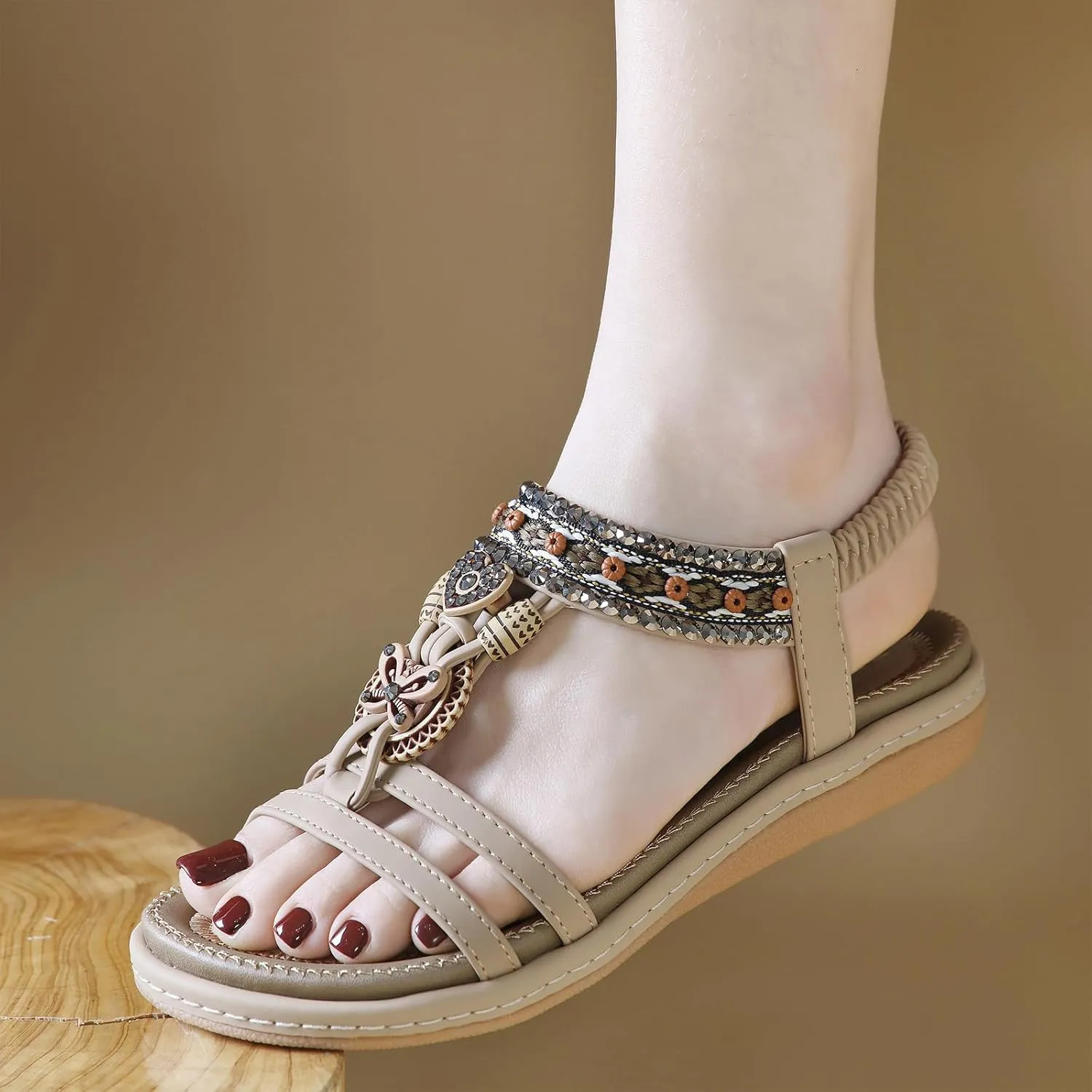 Women's Summer Bohemian Wedge Sandals Comfortable Lightweight Fashion Rhinestones T-Strap Open Toe Elastic Ankle Strap Slip-On Casual Beach Sandals