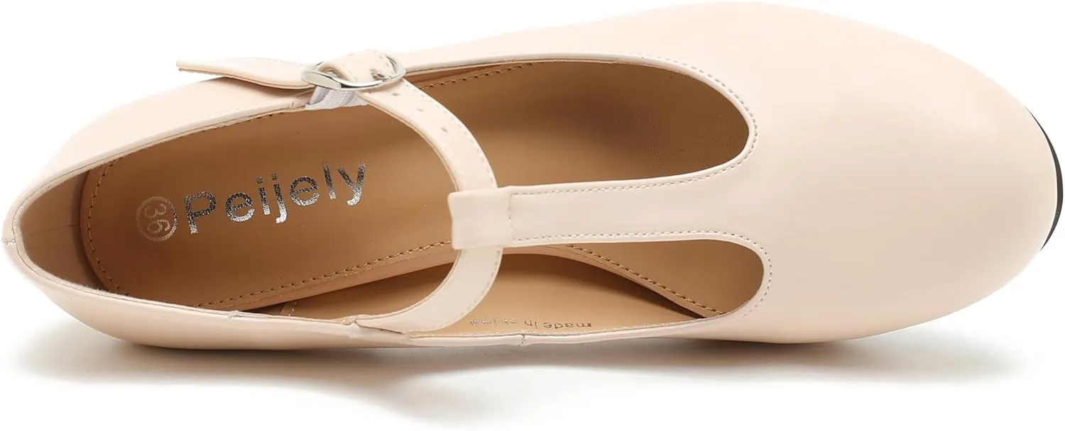 Women's T Strap Mary Jane Chunky Heel Low Block Pumps Round Toe Dress Office Work Shoes
