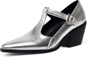 Women's T Strap Pumps Chunky Heel Dress Shoes Stylish Closed Pointed Toe Ankle Strap Patent Leather Party
