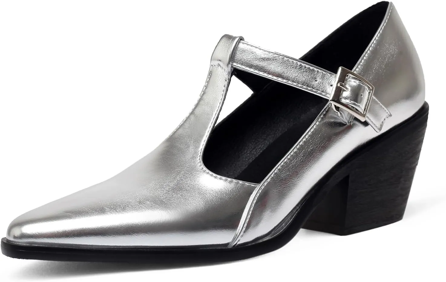 Women's T Strap Pumps Chunky Heel Dress Shoes Stylish Closed Pointed Toe Ankle Strap Patent Leather Party