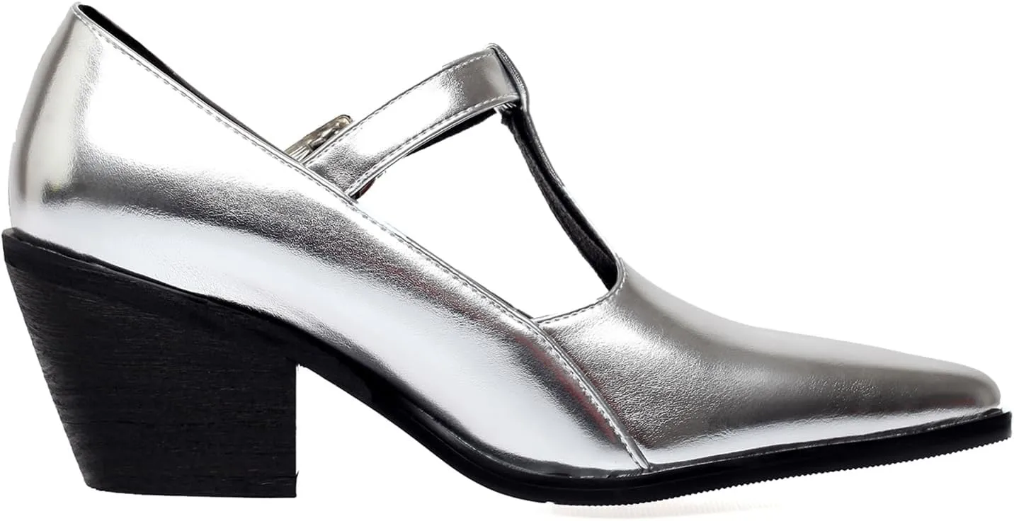 Women's T Strap Pumps Chunky Heel Dress Shoes Stylish Closed Pointed Toe Ankle Strap Patent Leather Party
