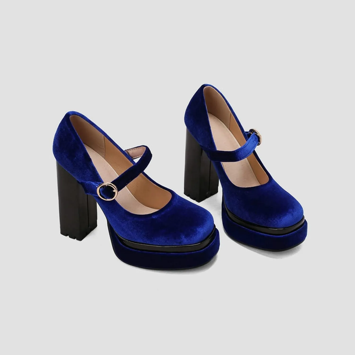 Womens Velvet Mary Jane Pumps Platform High Chunky Heel Square Toe Ankle Strap Dressy Party Shoes