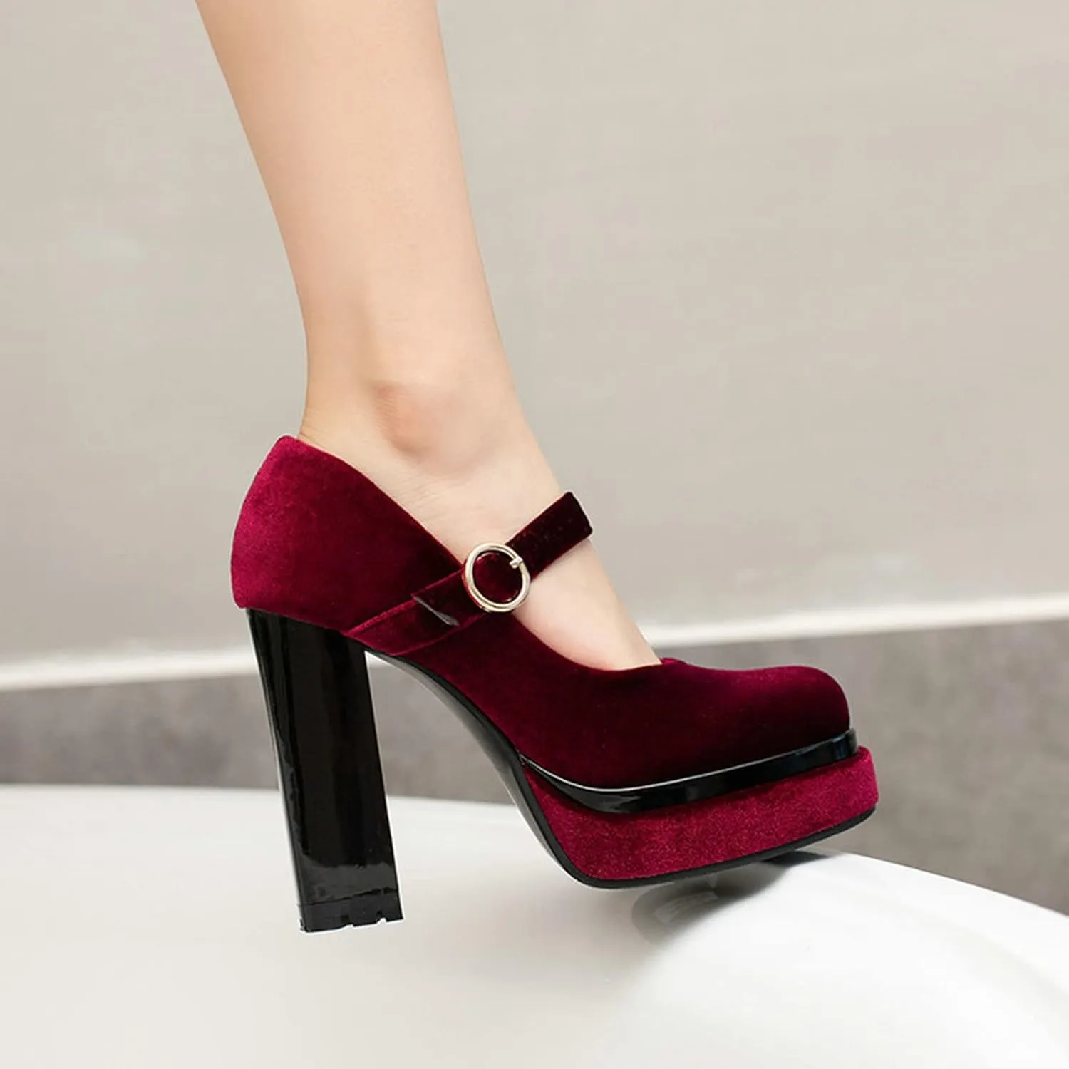 Womens Velvet Mary Jane Pumps Platform High Chunky Heel Square Toe Ankle Strap Dressy Party Shoes