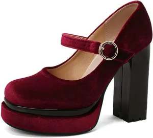 Womens Velvet Mary Jane Pumps Platform High Chunky Heel Square Toe Ankle Strap Dressy Party Shoes