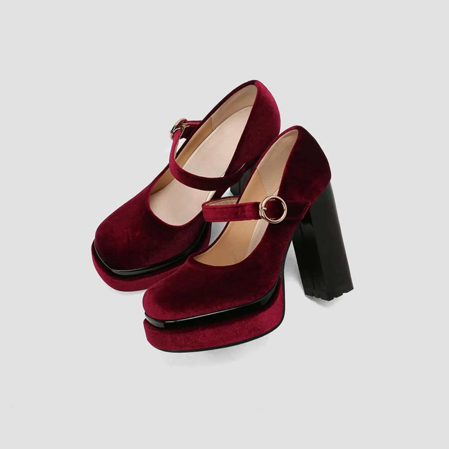 Womens Velvet Mary Jane Pumps Platform High Chunky Heel Square Toe Ankle Strap Dressy Party Shoes
