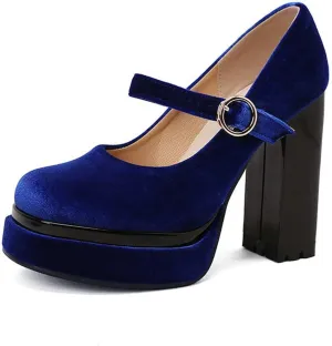 Womens Velvet Mary Jane Pumps Platform High Chunky Heel Square Toe Ankle Strap Dressy Party Shoes
