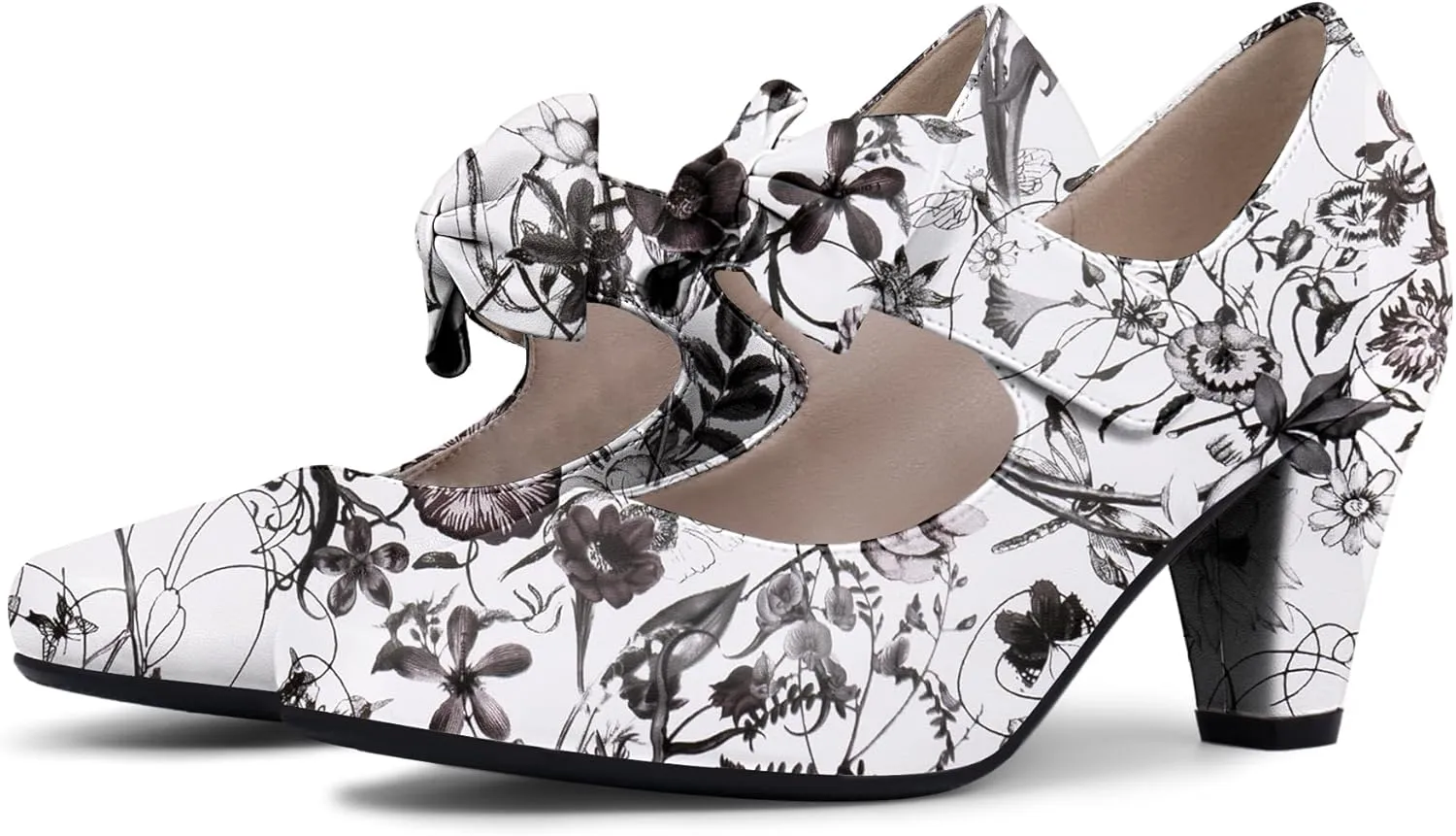Women's Vintage Bow Round Toe Block High Heel Ankle Strap Cute Mary Janes Pumps