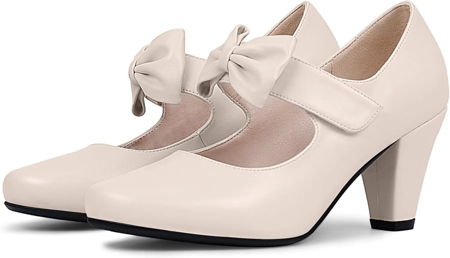 Women's Vintage Bow Round Toe Block High Heel Ankle Strap Cute Mary Janes Pumps