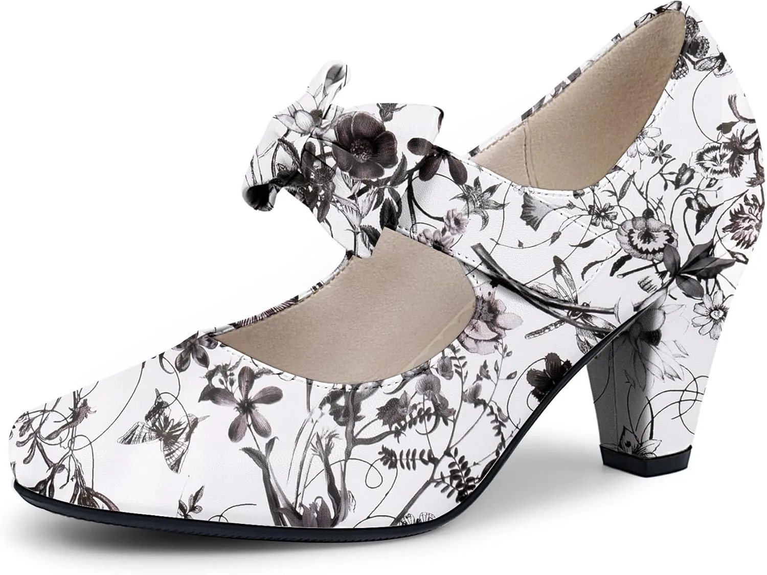 Women's Vintage Bow Round Toe Block High Heel Ankle Strap Cute Mary Janes Pumps