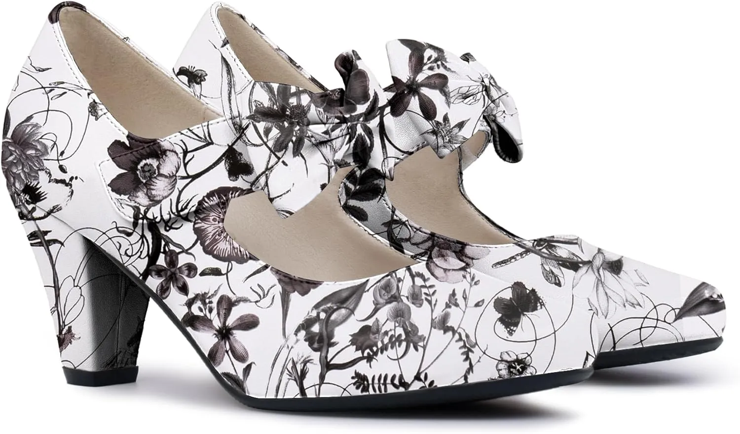Women's Vintage Bow Round Toe Block High Heel Ankle Strap Cute Mary Janes Pumps
