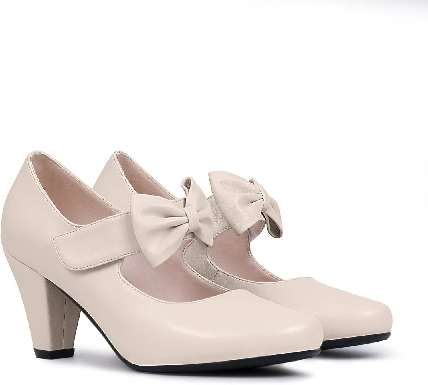 Women's Vintage Bow Round Toe Block High Heel Ankle Strap Cute Mary Janes Pumps