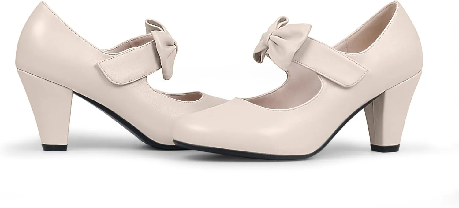 Women's Vintage Bow Round Toe Block High Heel Ankle Strap Cute Mary Janes Pumps