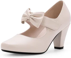 Women's Vintage Bow Round Toe Block High Heel Ankle Strap Cute Mary Janes Pumps