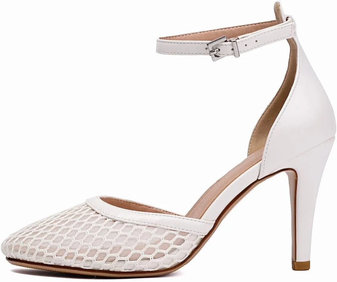 XIEDA Women's Mesh Heels Closed Toe Ankle Strap Stiletto Sexy High Heels Prom Dress Pumps Shoes